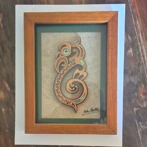 Contemporary Mark Carlton Framed Māori wall art, Carving manaia design, Signed.